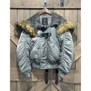 Alpha Industries N-2B Flight Jacket Hooded Fur Trim VTG Green Bomber Coat Medium